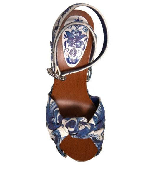 Dolce & Gabbana Blue Multicolor Majolica Embellished Wedge Sandals Shoes