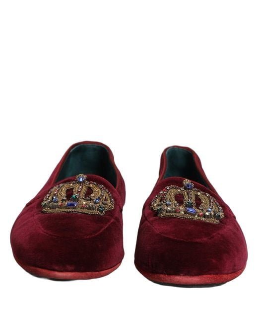 Dolce & Gabbana Red Burgundy Velvet Crown Slip On Loafers Shoes for men