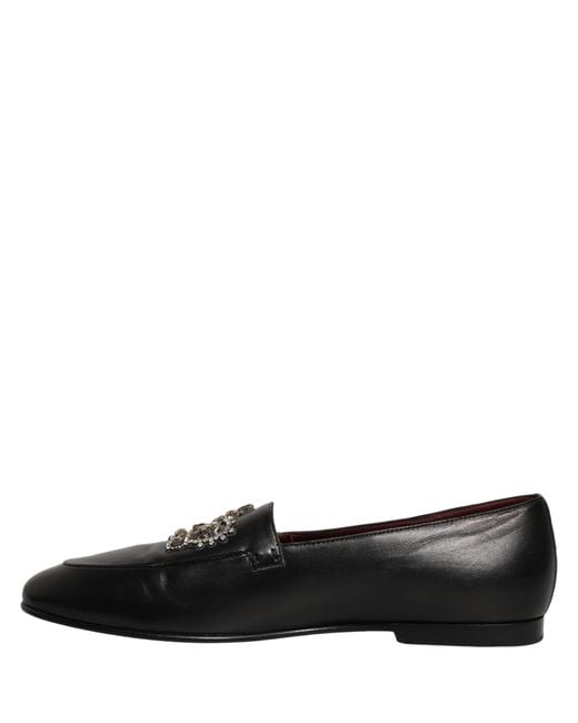 Dolce & Gabbana Black Leather Crown Embellished Loafers Shoes for men