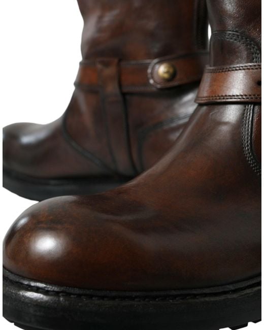Dolce & Gabbana Brown Leather Mid Calf Biker Boots Shoes for men