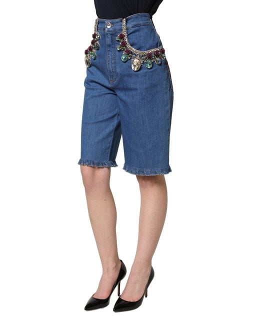 Dolce & Gabbana Blue Cotton Embellished Bermudadenim Shorts