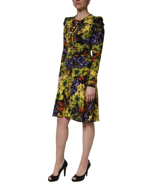 Dolce & Gabbana Green Multicolor Grape Print Longsleeve Midi Dress