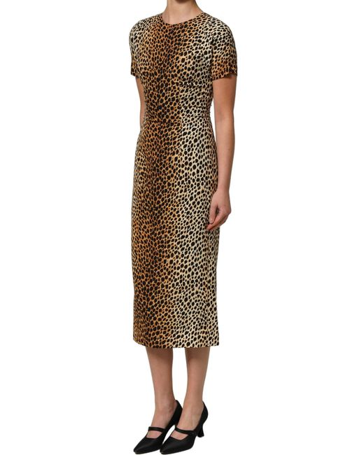 Dolce & Gabbana Black Leopard Print Silk Sheath Midi Dress Elastane