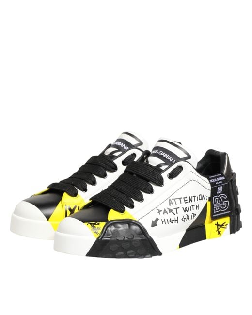 Dolce & Gabbana Yellow Multicolor Leather Graffiti Low Top Sneakers Shoes for men