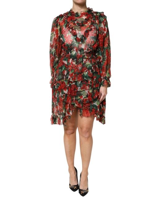 Dolce & Gabbana Red Multicolor Ruffle Floral Long Sleeves Dress for men