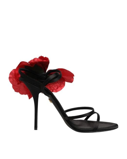 Dolce & Gabbana White Black Leather Strappy Flower Heels Sandals Shoes