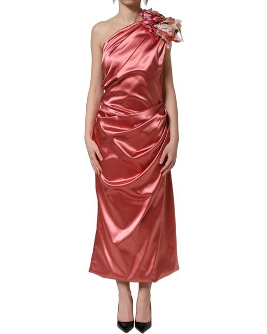 Dolce & Gabbana Red Draped Midi Flower Appliques Dress Acetate Nylon Elastane