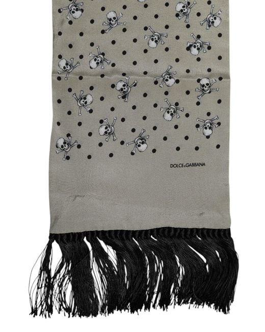 Dolce & Gabbana Gray Skulls Silk Fringes Foulard Scarf for men