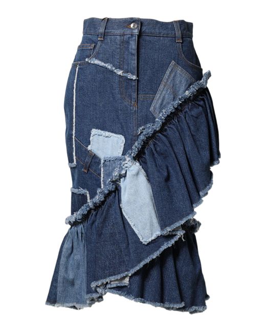 Dolce & Gabbana Blue Patchwork Layered Denim Midi Skirt