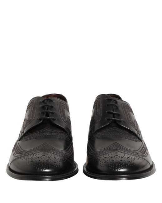 Dolce & Gabbana Brown Black Embroidered Leather Derby Dress Shoes for men