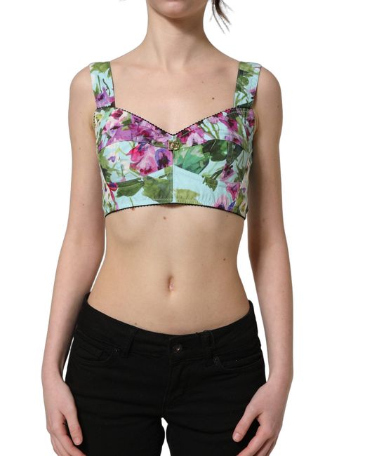 Dolce & Gabbana Green Floral Cropped Bustier Tank Top Elastane Nylon Cotton
