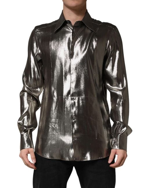 Dolce & Gabbana Men's Black Silver Silk Gold Collared Dress Formal Shirt