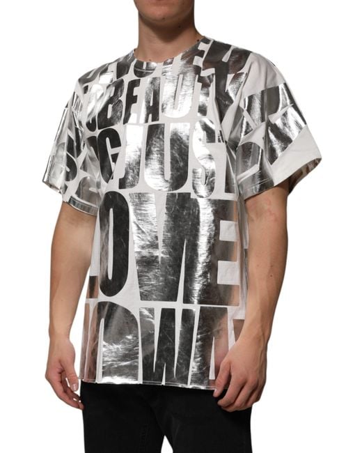 Dolce & Gabbana Black Cotton Metallic Slogan Print T-Shirt for men