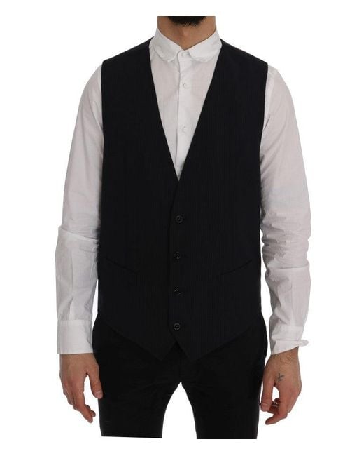 Dolce & Gabbana Black Elegant Striped Wool Blend Waistcoat Vest for men