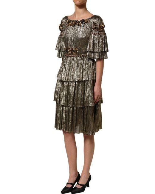 Dolce & Gabbana Black Metallic Gold Embellished Tiered Midi Dress