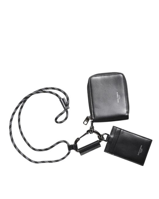 Dolce & Gabbana Black Leather Lanyard Zip Around Card Holder Wallet for men