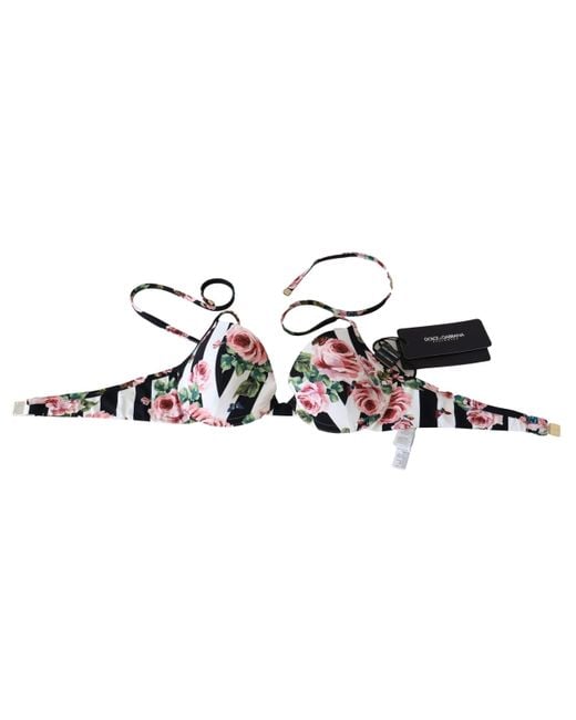 Dolce & Gabbana Black Striped Rose Print Swimwear Bikini Tops
