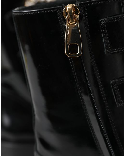 Dolce & Gabbana Black Leather Crystal Buckles Boots Shoes
