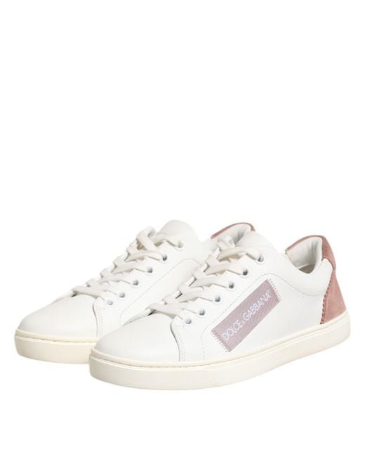 Dolce & Gabbana White Pink Leather Low Top Sneakers Shoes
