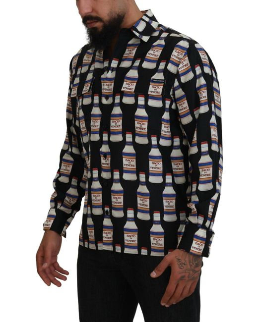 Dolce & Gabbana Black Silk Printed Collared Casual Shirt for men