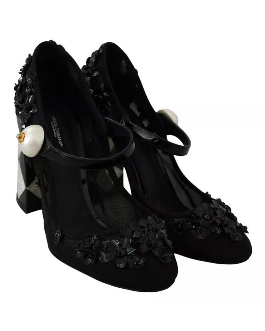 Dolce & Gabbana Black Floral Embellish Heels Mary Janes Pumps Shoes