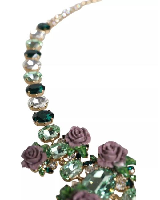 Dolce & Gabbana Green Brass Link Chain Rose Petal Crystal Necklace