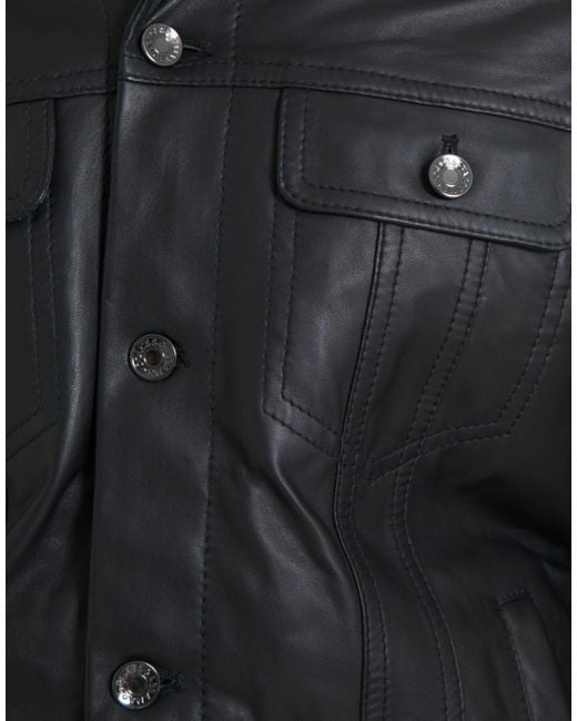Dolce & Gabbana Black Leather Fur Collar Biker Coat Jacket for men