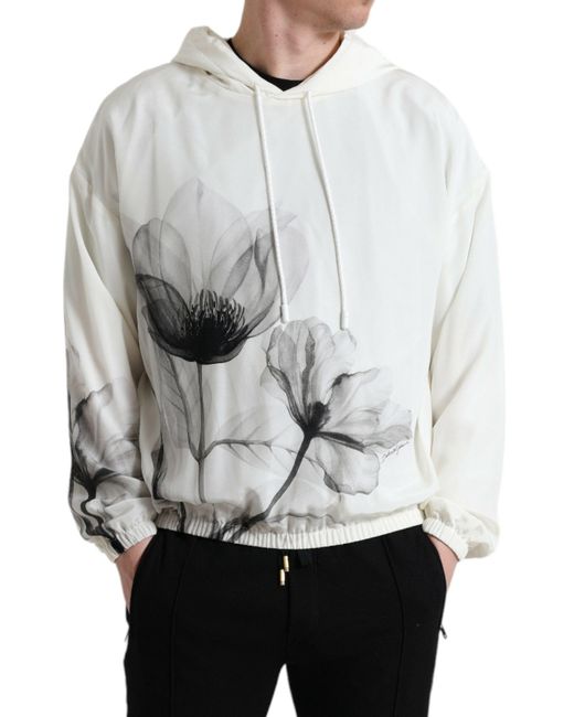 Dolce & Gabbana Gray White Floral Print Hooded Pullover Sweater for men
