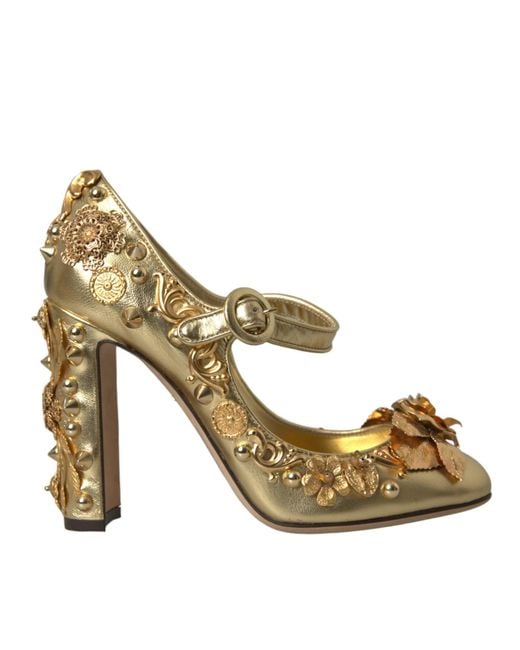Dolce & Gabbana Metallic Leather Crystal Mary Janes Pumps Shoes