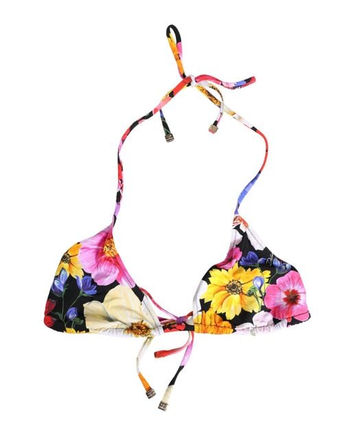 Dolce & Gabbana Multicolor Black Floral Print Nylon Halter Bikini Top Swimwear