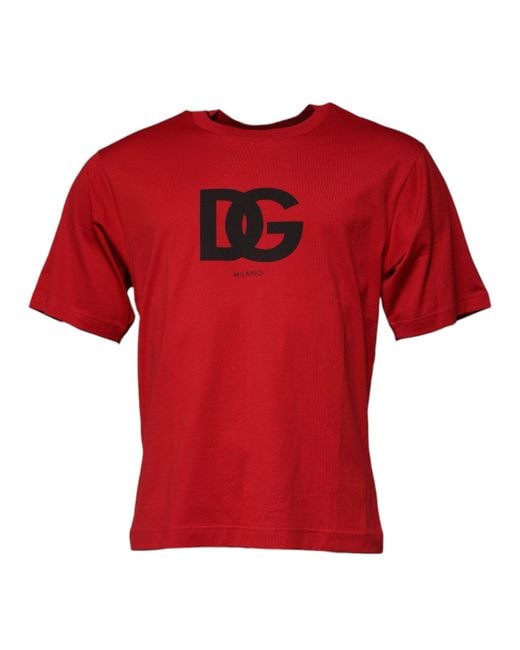 Dolce & Gabbana Red Logo Print Cotton Crew Neck T-Shirt for men