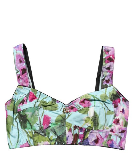 Dolce & Gabbana Green Floral Cropped Bustier Tank Top Elastane Nylon Cotton