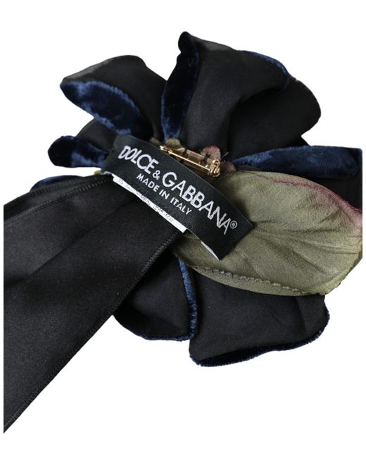 Dolce & Gabbana Black Silk Brass Floral Hair Pin Brooch for men