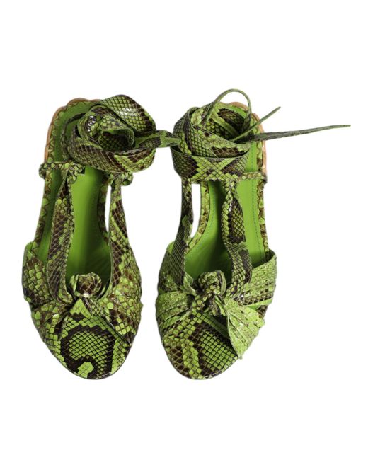 Dolce & Gabbana Green Animal Print Ankle Wrap Sandals Shoes