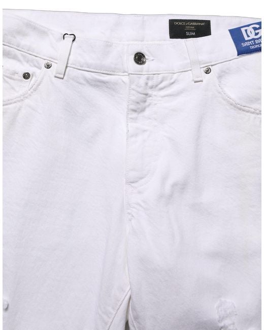 Dolce & Gabbana White Cotton Ripped Slim Fit Men Denim Jeans for men