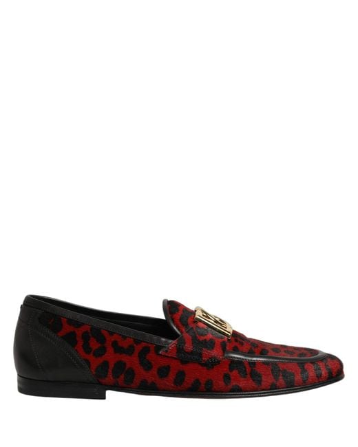Dolce & Gabbana Red Leopard Print Pony Hair Dress Loafers Shoes for men
