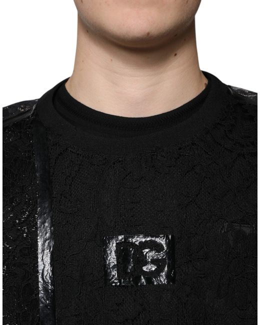 Dolce & Gabbana Black Nylon Floral Lace Crew Neck T-Shirt for men