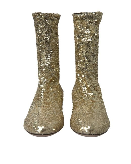 Dolce & Gabbana Green Gold Sequined Short Boots Stretch Shoes