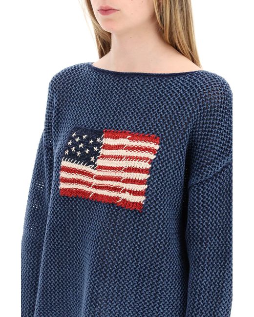 Polo Ralph Lauren Blue "Pointelle Knit Pullover With Embroidered Flag