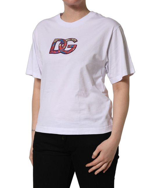 Dolce & Gabbana White Cotton Dg Logo Patch Crew Neck T