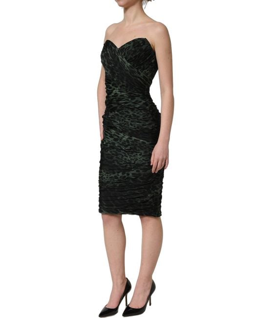 Dolce & Gabbana Black Green Leopard Print Bustier Draped Midi Dress