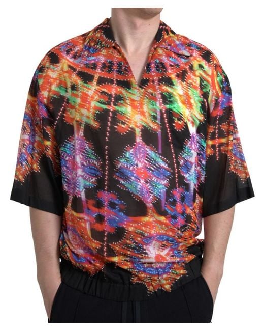Dolce & Gabbana Red Multicolor Luminarie Print Men Cotton Shirt for men