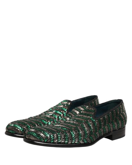 Dolce & Gabbana Silver Green Embellished Dress Loafers Shoes for men