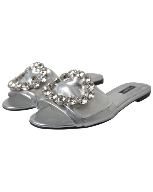 Dolce & Gabbana Black Silver Crystal Embellished Slides Flat Shoes