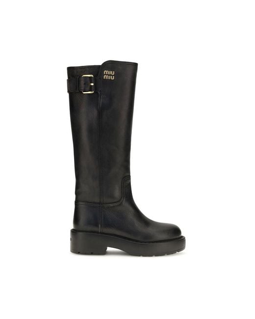 Miu Miu Black Calf Leather Bos Taurus Flat Boots