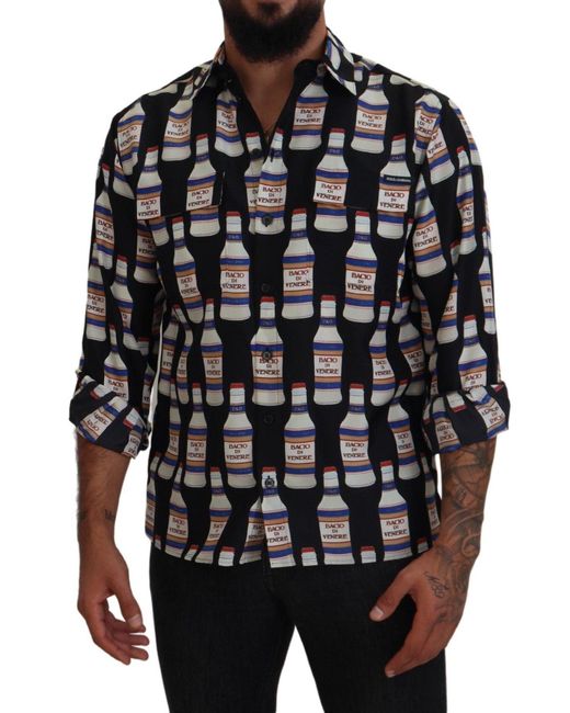 Dolce & Gabbana Black Silk Printed Collared Casual Shirt for men