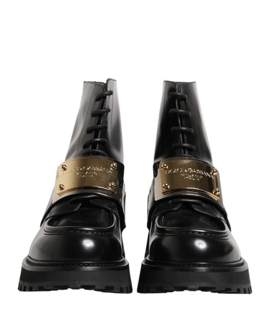 Dolce & Gabbana Black Leather Dg Plaque Lace Up Boots Shoes for men