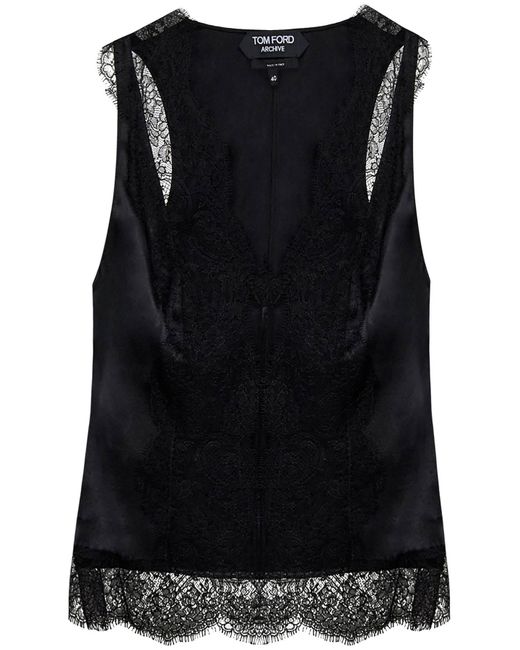 Tom Ford Black Satin Tank Top With Chantilly Lace