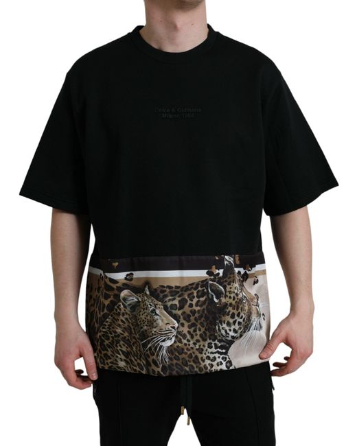 Dolce & Gabbana Black Elegant Leopard Print Crew Neck Tee for men