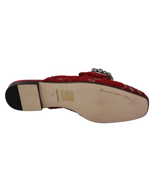 Dolce & Gabbana Red Lace Crystal Slide On Flats Shoes